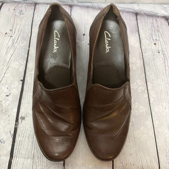 Clarks Partridge Brown Leather Slip-On Block Heel Comfort Loafers 89488 Sz 7.5 - Picture 4 of 10